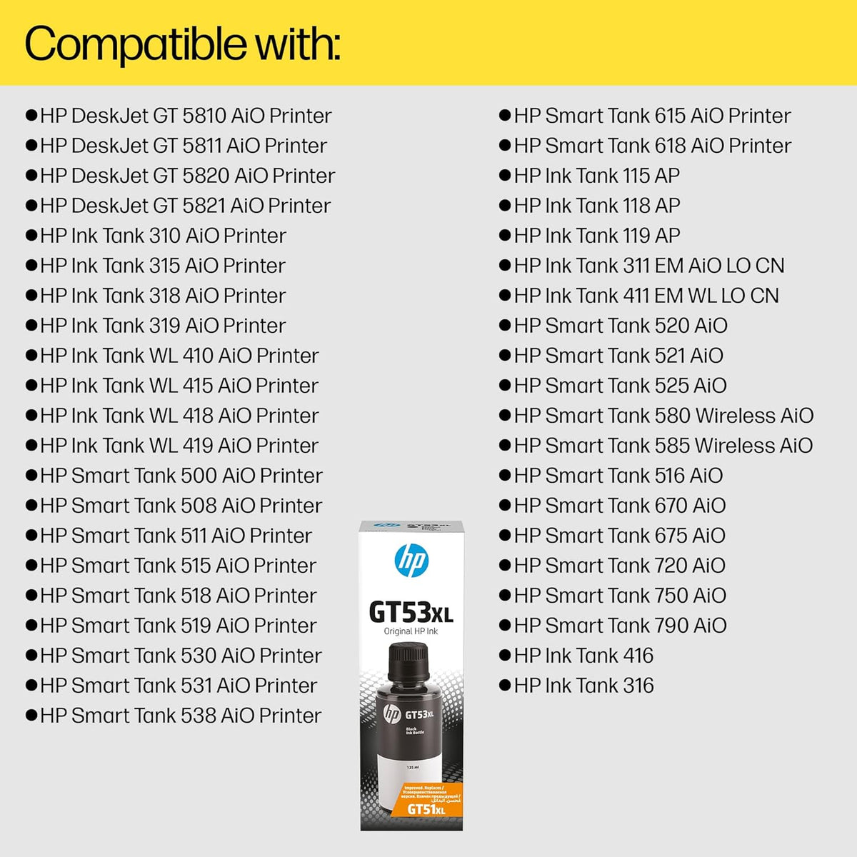 HP GT53XL 135ml Black Original Ink Bottle – High Yield Pigment-Based Ink for Compatible HP Ink Tank & Smart Tank Printers