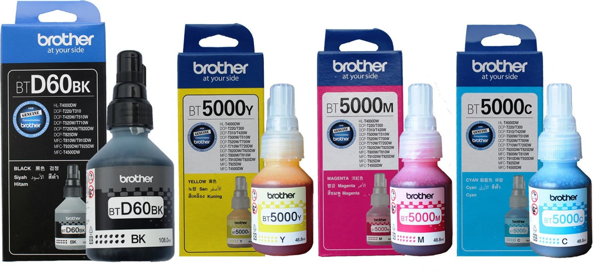 Brother Genuine Ink Bottle Set – BT-D60BK Black + BT5000C Cyan + BT5000M Magenta + BT5000Y Yellow | Ink Tank Printer Ink Set