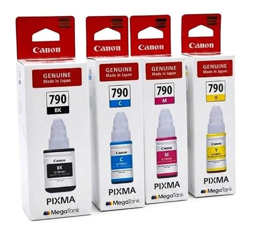 Canon Original GI 790 Black, Cyan, Yellow & Magenta Ink Bottles - Compatible PIXMA G1000 G1010 G2000 G2002 G2010 G2012 G3000 G3010 G3012 G4000 G4010 Printers