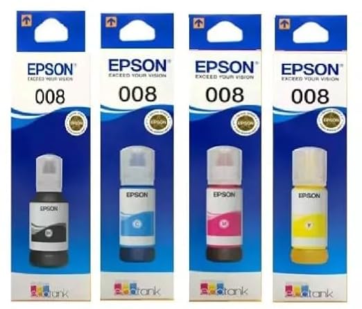 Epson 008 Ink Bottle Set – Black, Cyan, Magenta & Yellow | Genuine Epson EcoTank Ink | High-Quality Ink for Compatible Epson Printers