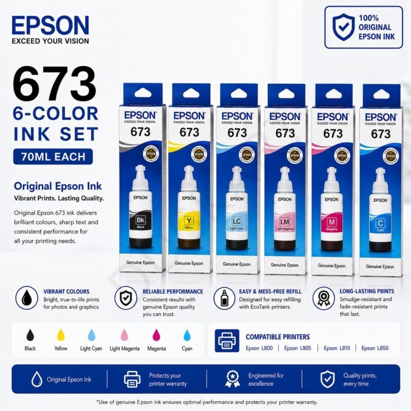 Epson 673 Genuine Ink Bottle Set – 6 Colors, 70 ml Each | Black, Cyan, Magenta, Light Cyan, Light Magenta & Yellow | Original Epson EcoTank Ink