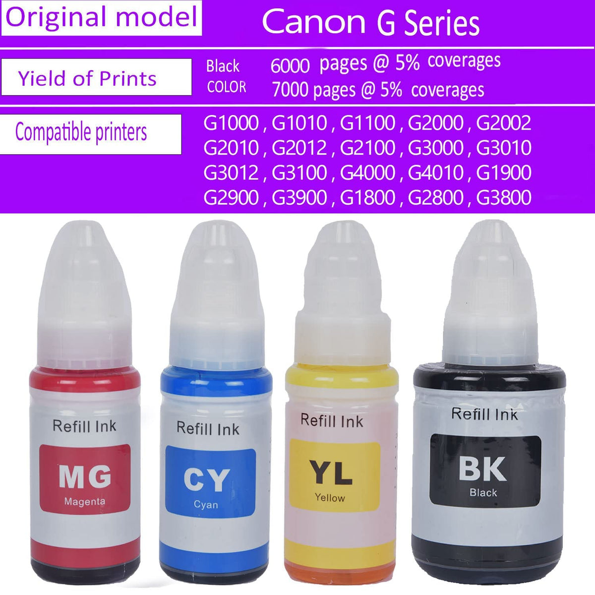 Canon GI 790 B/C/Y/M Ink Bottles Combo Compatible with PIXMA G1000 G1010 G2000 G2010 G3000 G3010 G4000 G4010 Printers