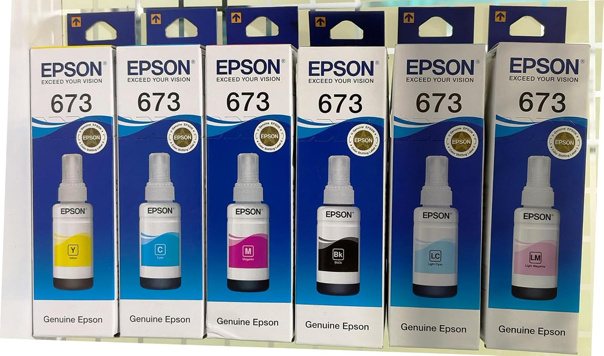 Epson 673 Genuine Ink Bottle Set – 6 Colors, 70 ml Each | Black, Cyan, Magenta, Light Cyan, Light Magenta & Yellow | Original Epson EcoTank Ink