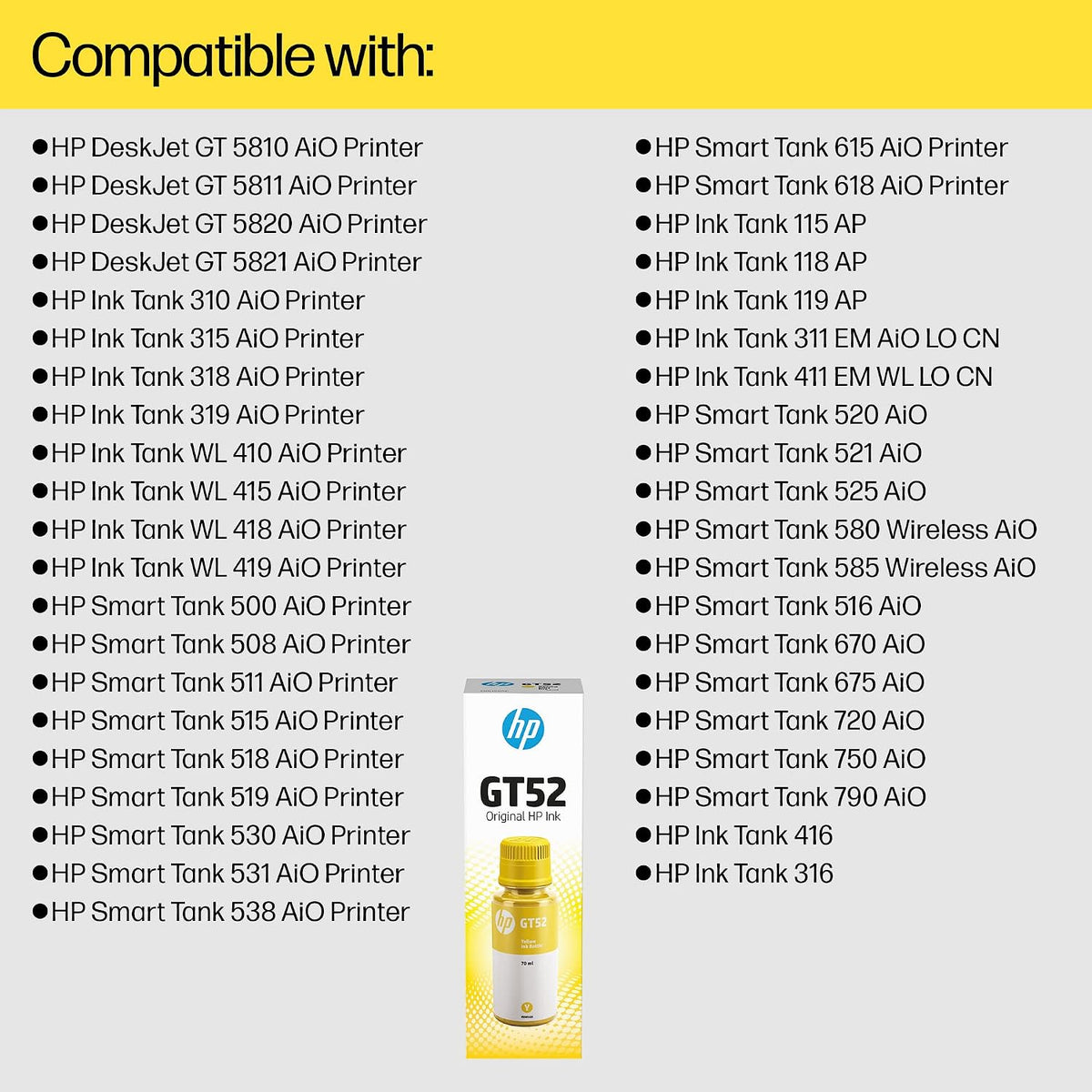 HP GT52 Original Ink Bottle – Yellow, 70 ml | High-Yield Ink for HP Ink Tank & Smart Tank Printers