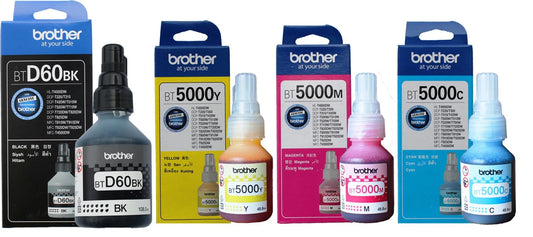 Brother Genuine Ink Bottle Set – BT-D60BK Black + BT5000C Cyan + BT5000M Magenta + BT5000Y Yellow | Ink Tank Printer Ink Set